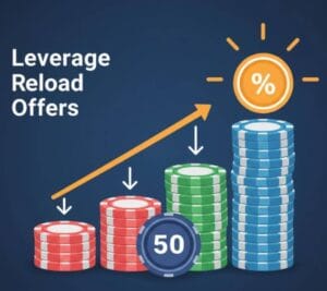 A digital graphic of a stack of casino chips steadily increasing in size with a percentage match symbol (e.g., 50%) and arrows showing the continuous growth of funds, representing a reload bonus adding consistent value to the player's balance.